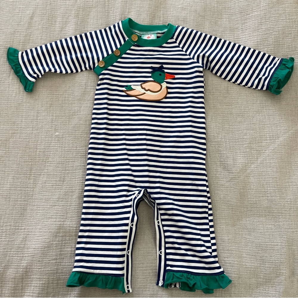 The Smocked Flamingo Applique Mallard Navy Stripe Ruffle Romper